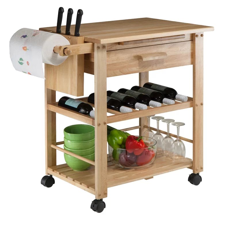 Transitional Brown Wood Kitchen Cart with Wine Storage and Knife Block