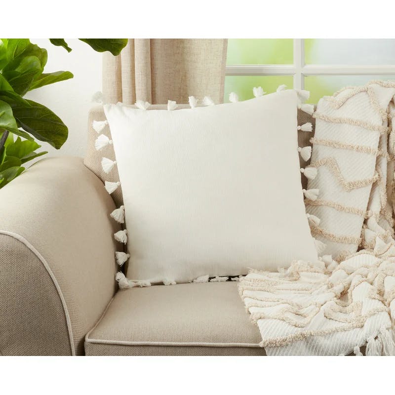 Playful Tassel Trim 20" Cotton-Polyester Pillow Cover - White