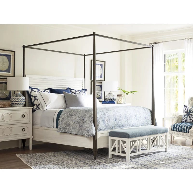 Transitional Coral Gables Louvered Canopy Queen Bed in White/Brown