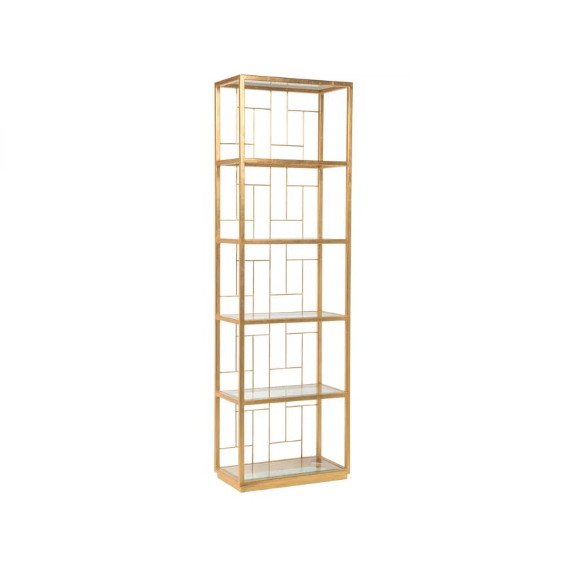 Transitional Gold Leaf Slim Etagere with Tempered Glass Shelves