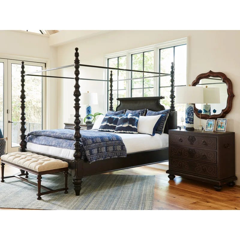 Transitional Black California King Canopy Bed with Tufted Upholstery