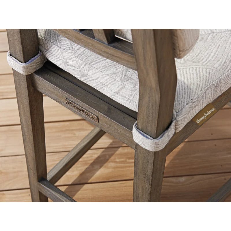 La Jolla Vintage Taupe-Gray Teak Outdoor Bar Stool with Upholstered Seating
