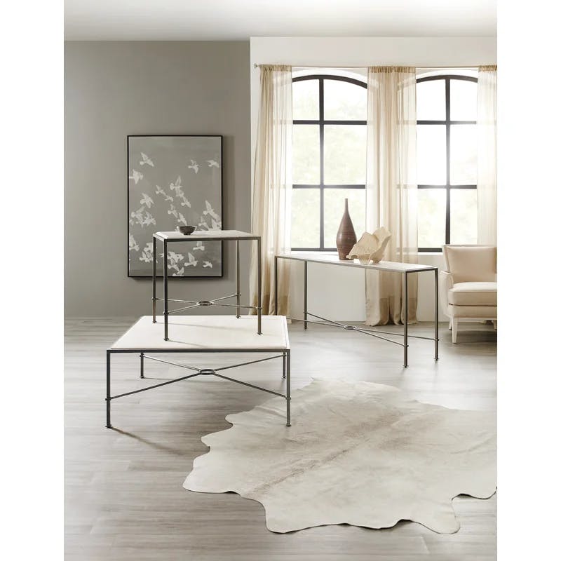 Elegant Creamy Beige Marble and Gray Metal Rectangular Coffee Table