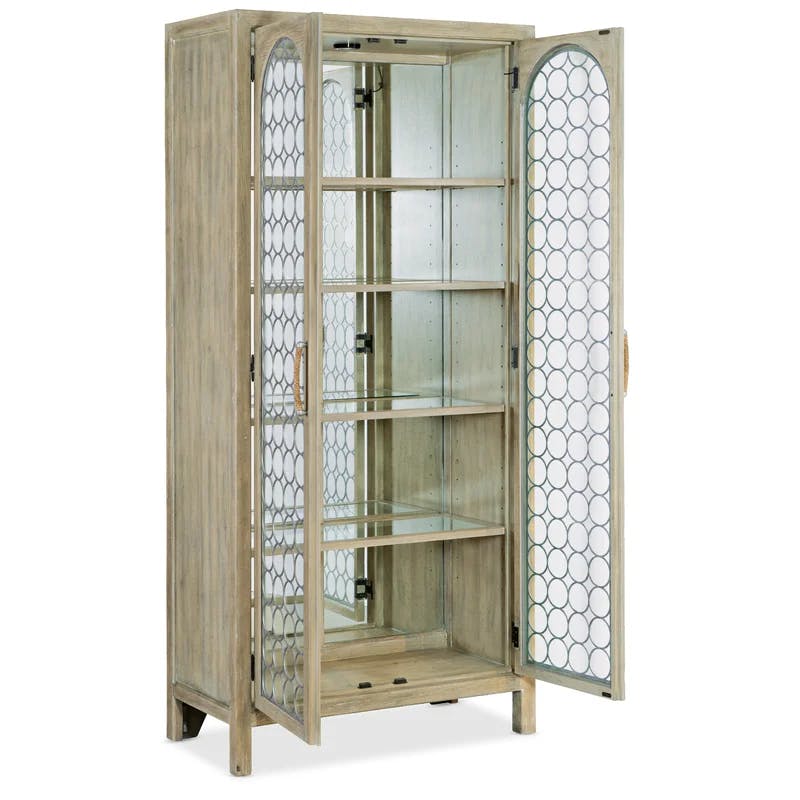 Driftwood Transitional Lighted China Cabinet with Circular Metal Fretwork