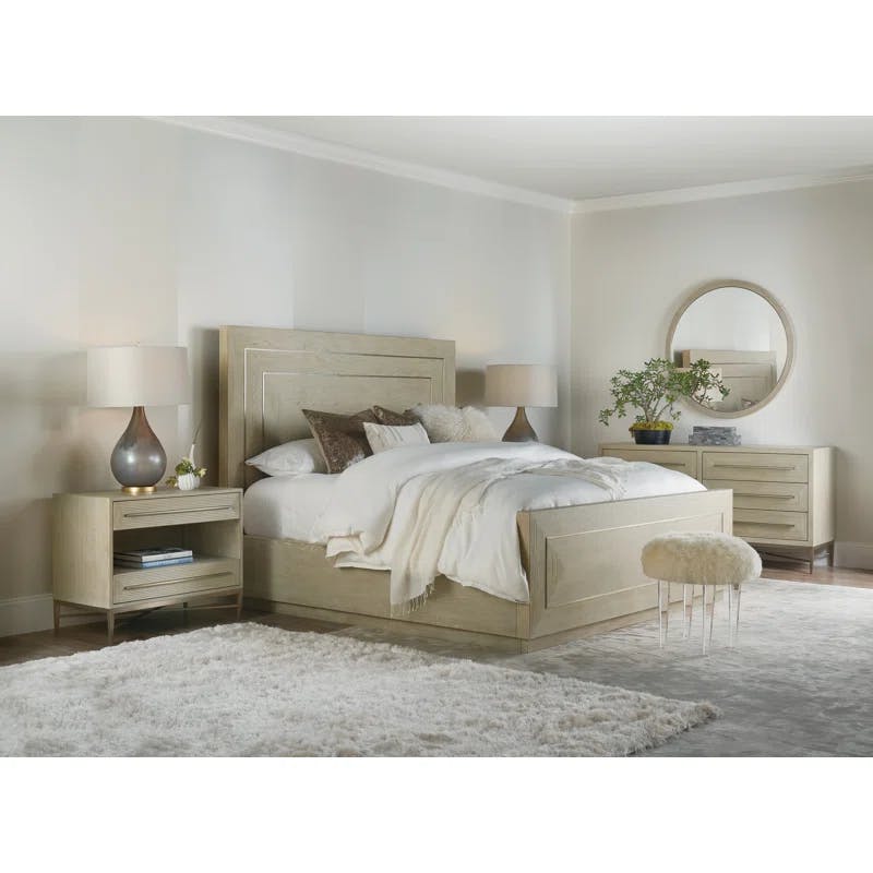 Cascade Transitional King Panel Bed with Metal Inlay, Beige