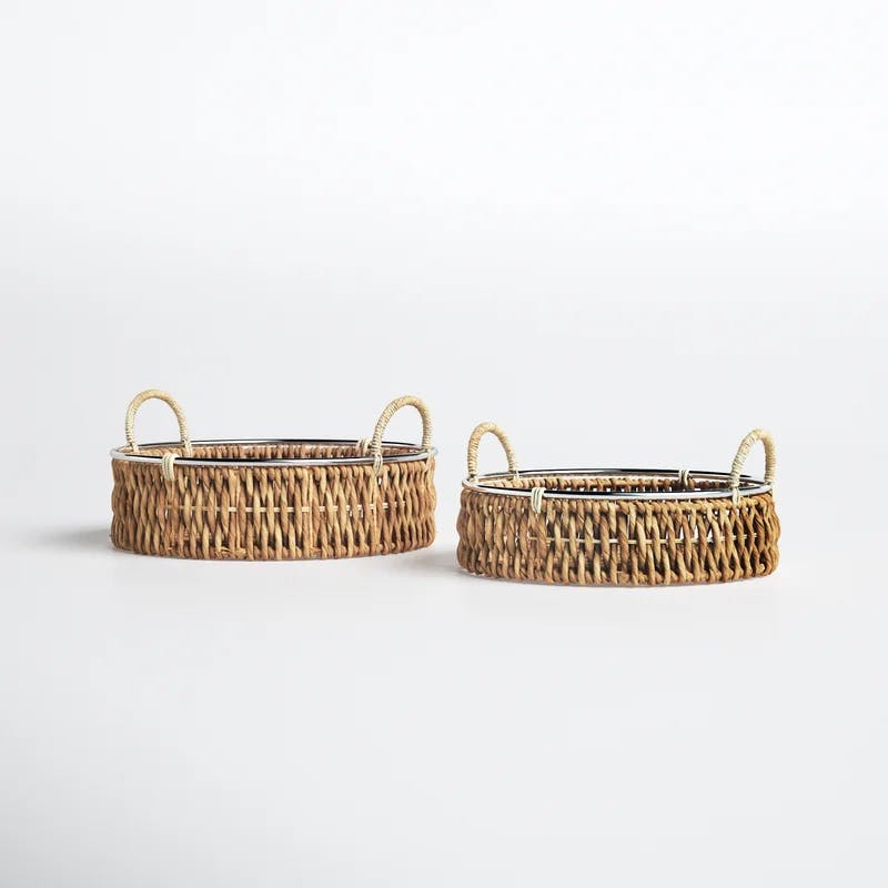 20" Round Natural Seagrass Woven Storage Basket Set with Metal Ring Handles