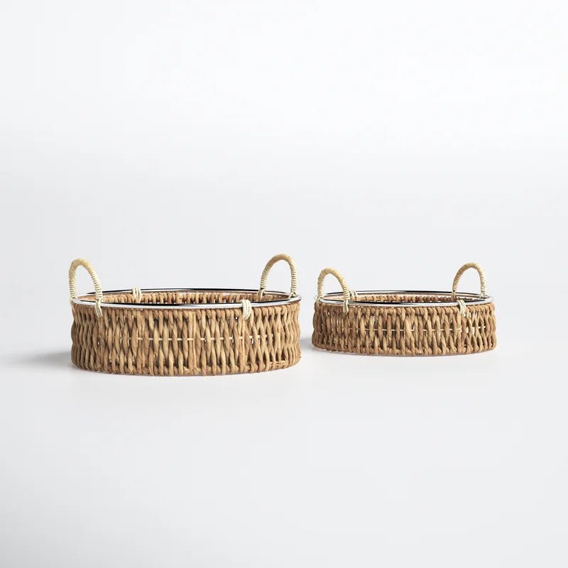 20" Round Natural Seagrass Woven Storage Basket Set with Metal Ring Handles