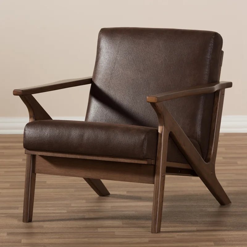 Bianca Vintage Walnut Wood & Distressed Brown Faux Leather Accent Chair