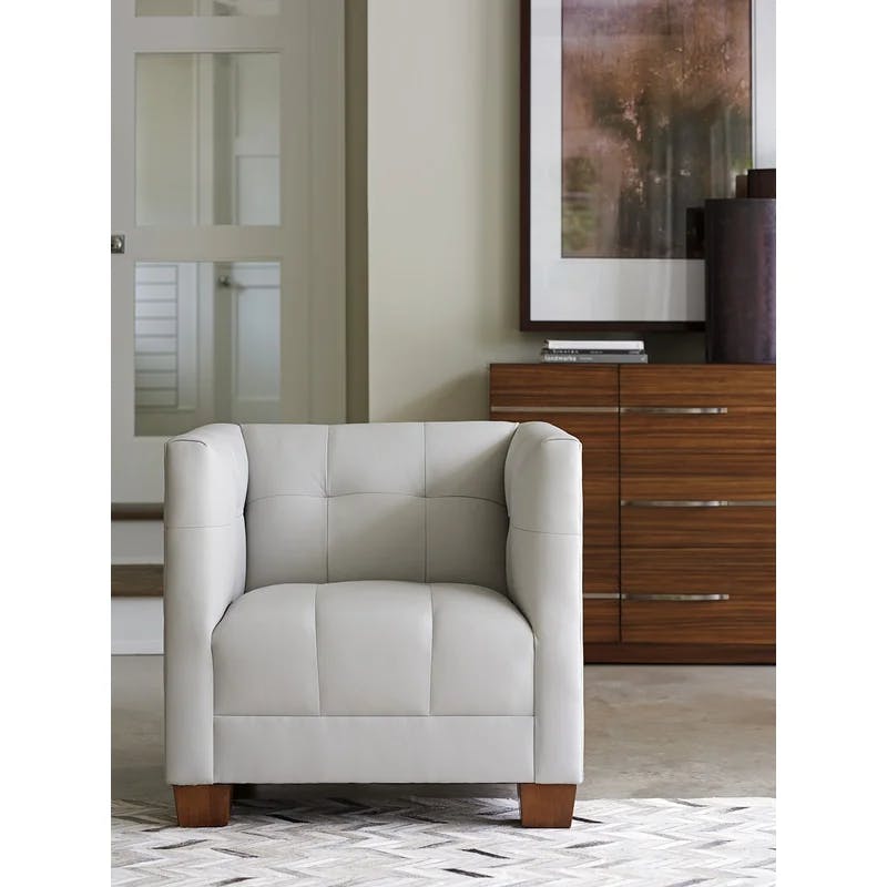 Emilia Gray Leather Channel-Tufted Chair with Tapered Legs