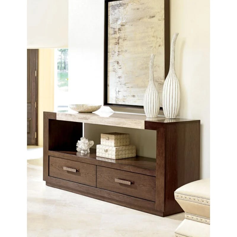 Contemporary Mocha 70'' Dining Console with Silver Travertine Top