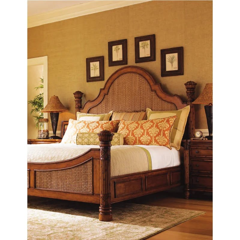 Coastal Queen Poster Bed with Upholstered Headboard and Drawer