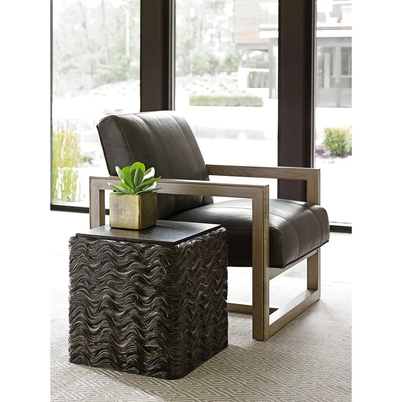 Transitional Black Pearl Stone & Metal Square End Table