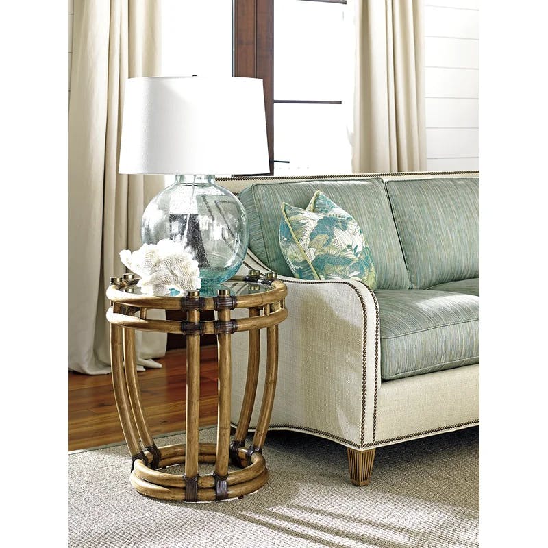 Transitional Round Wood & Metal End Table with Tempered Glass Top