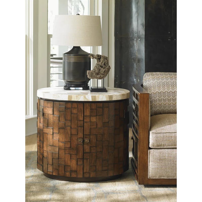 Banyan Oval Wood & Stone Accent Table in Beige/Brown