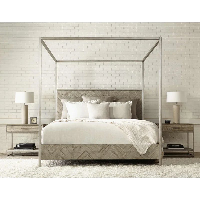 Transitional Gray Metal and Pine King Canopy Bed with Wood Headboard