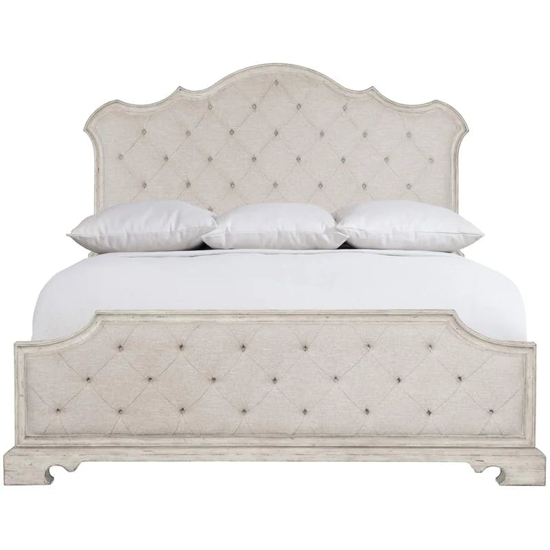 Elegant Cream Pine Queen Upholstered Bed with Tufted Headboard
