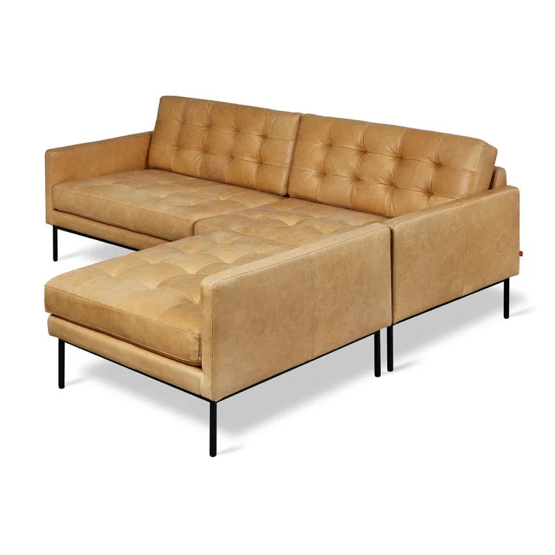 Mid-Century Tufted Canyon Whiskey Leather Sectional with Wood Accents