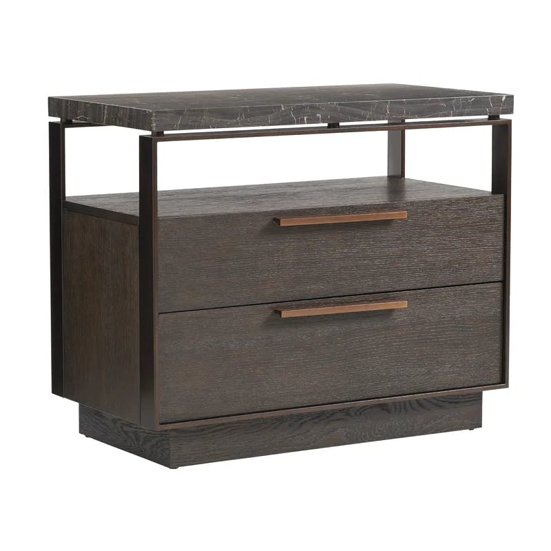 Transitional Gray-Brown Marble Top Nightstand with Soft Close Drawers