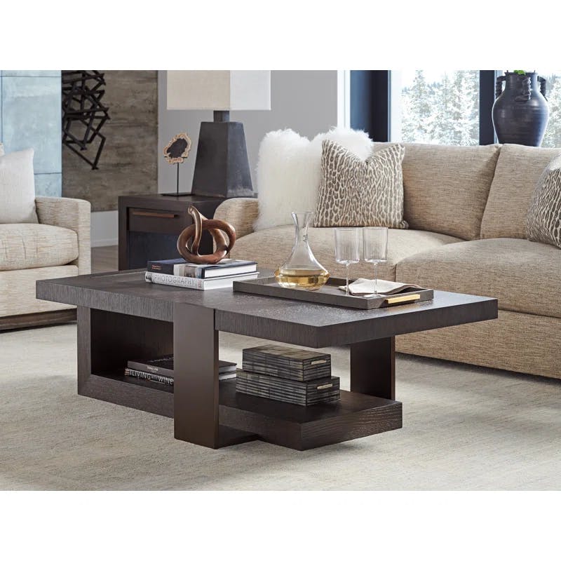 Cantilevered Dark Mocha Coffee Table with Burnished Bronze Supports