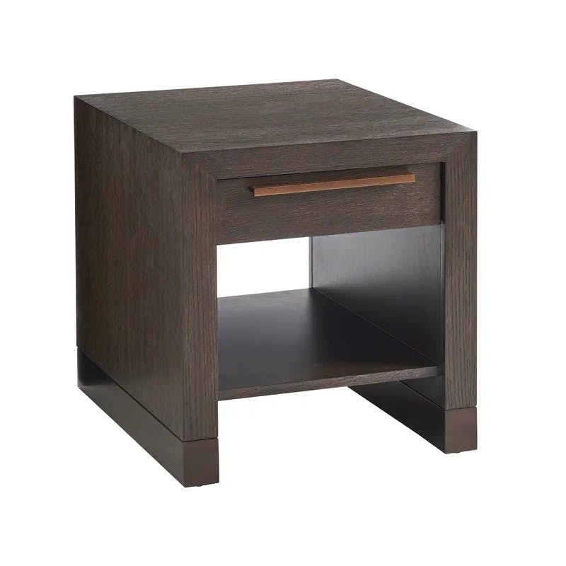 Modern Brown Wood & Metal Drawer End Table with Open Shelf