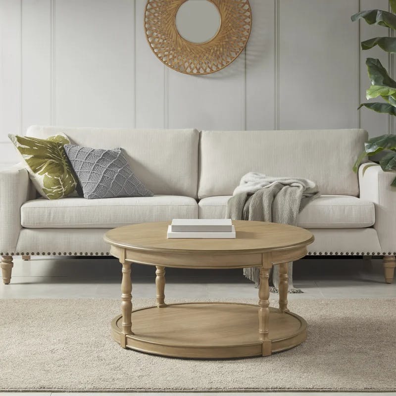 Elegant Farmhouse Round Wood Coffee Table with Casters and Shelf
