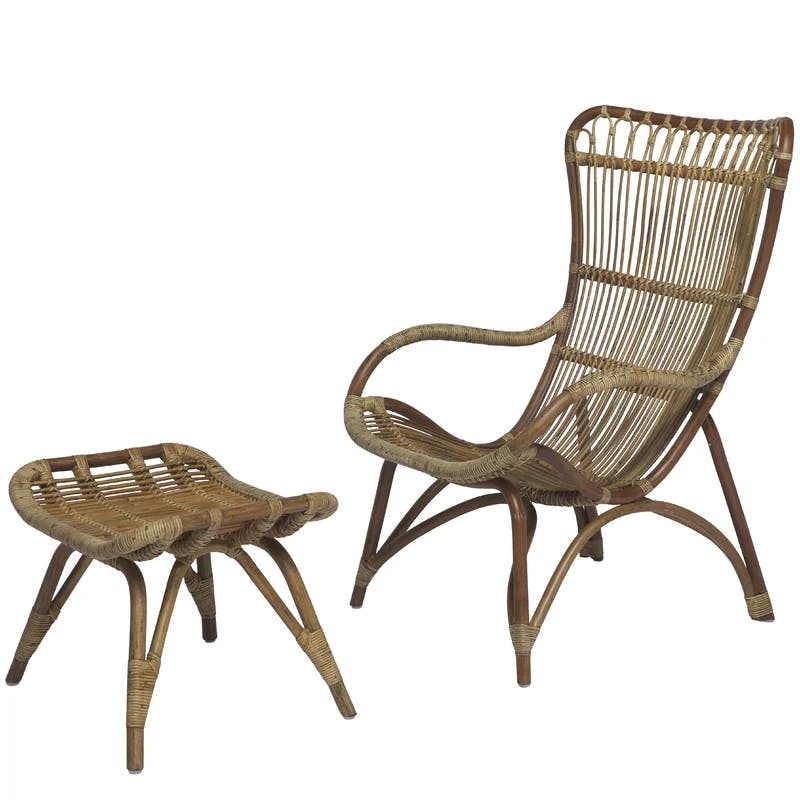 Antique Highback Rattan Lounge Chair and Footstool Set