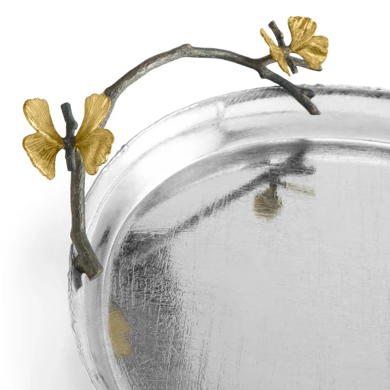 Butterfly Ginkgo Handcrafted Oval Tray in Oxidized Brass and Stainless Steel