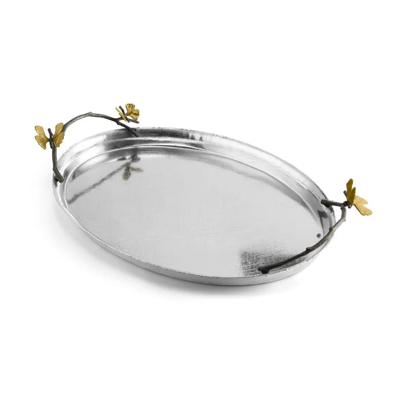 Butterfly Ginkgo Handcrafted Oval Tray in Oxidized Brass and Stainless Steel