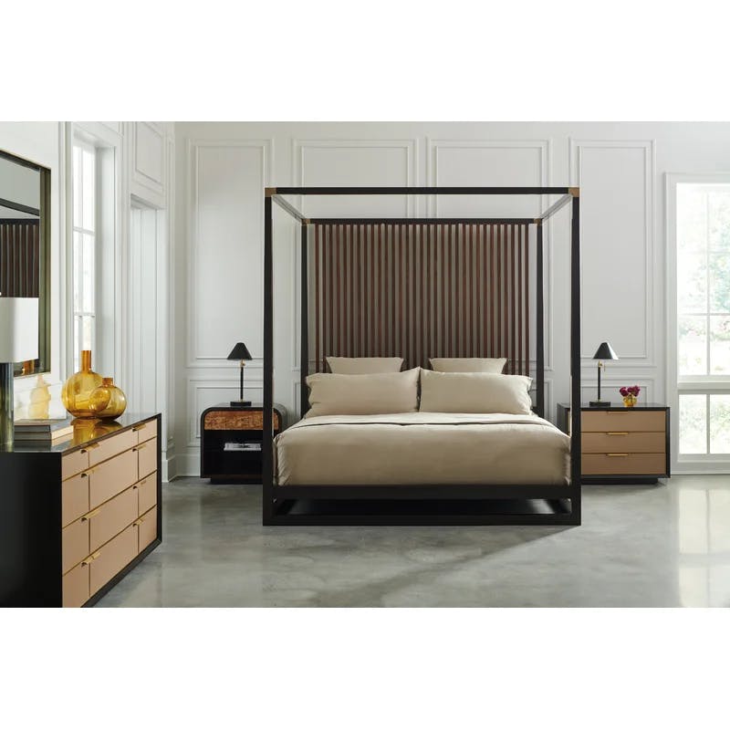 Transitional Queen Platform Canopy Bed with Upholstered Headboard