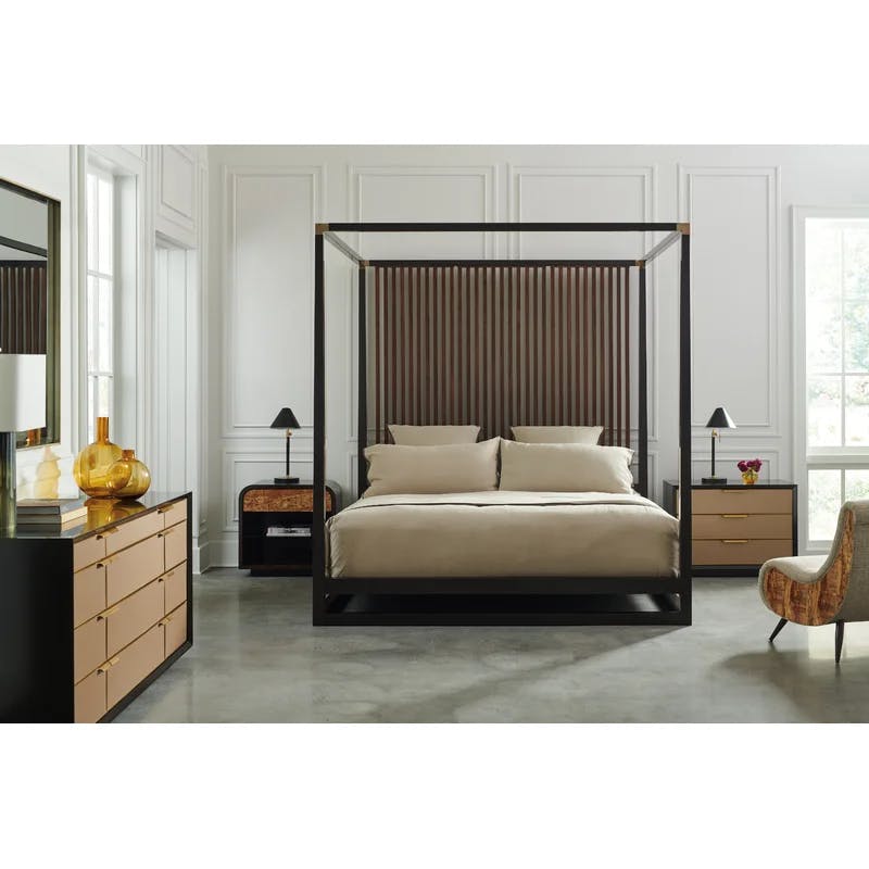 Transitional Queen Platform Canopy Bed with Upholstered Headboard
