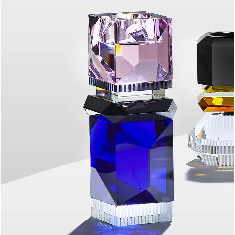 Ocean Drive Art Deco Crystal Tealight Holder in Cobalt and Rosé