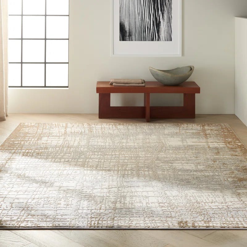Ivory & Taupe Abstract Handmade Wool Blend 4' x 6' Rug