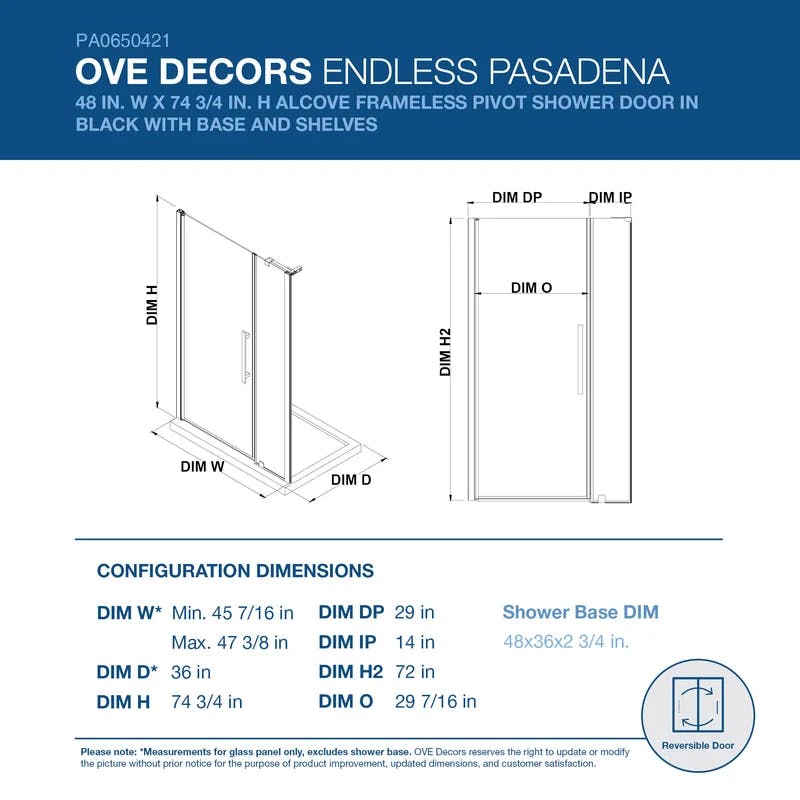 Pasadena 48'' Black Frameless Reversible Shower Kit with Corner Shelves