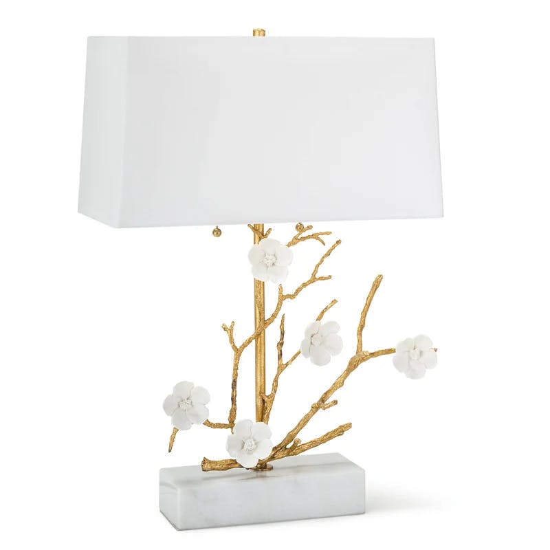 Cherise White Porcelain Floral Buffet Lamp with Linen Shade and Gold Finish