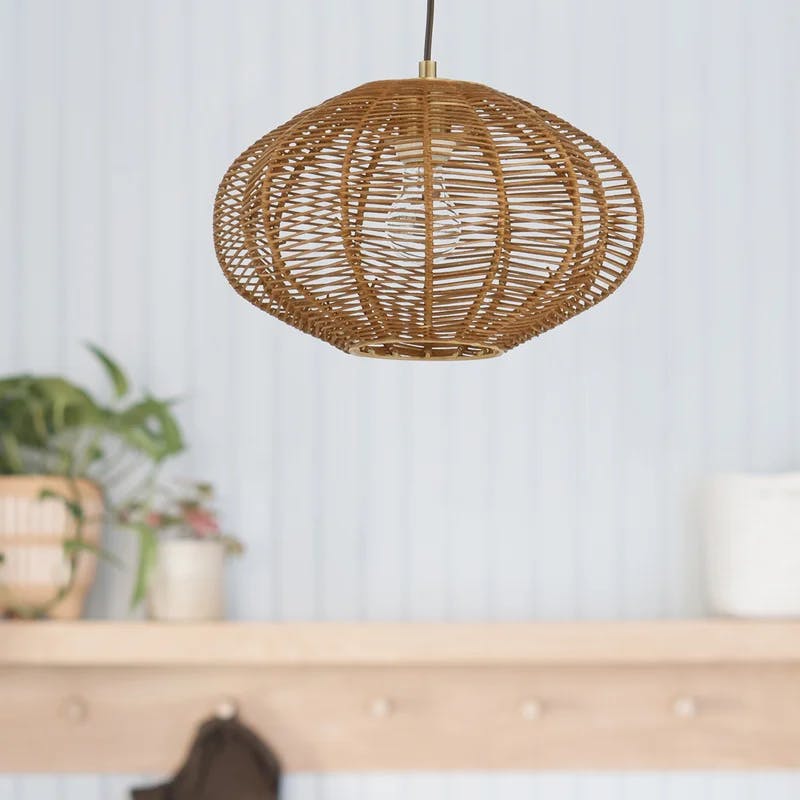 Modern 14'' Globe Pendant Light with Woven Rattan Shade, Brown