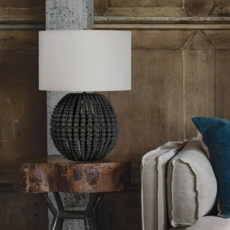 Tropez Grey Beaded Wood and Metal Table Lamp with Linen Shade