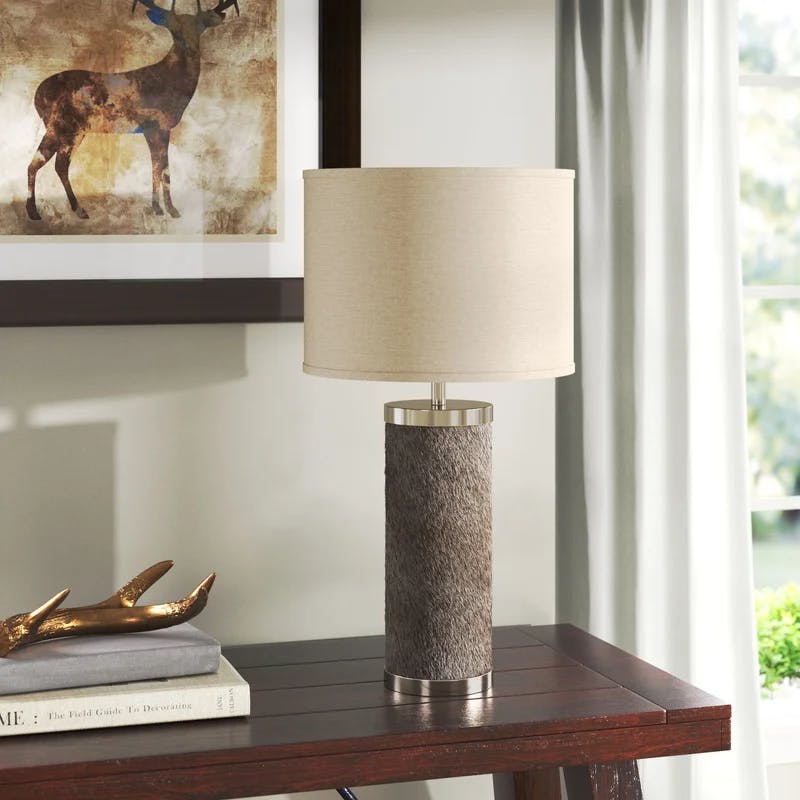 Sesame Natural Linen Shade Column Table Lamp with Polished Nickel Accents
