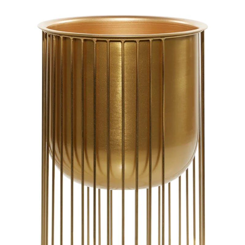 Elevated Satin Gold Metal Planter Trio with Caged Stands