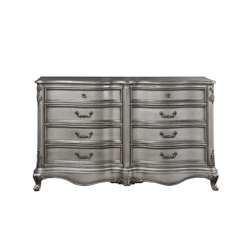 Elegant Antique Silver 68'' Solid Wood Carved 8-Drawer Dresser