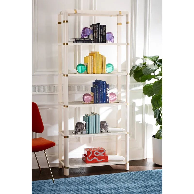 Ivory Sky Brass Accented Mahogany Etagere with Blue Raffia Shelves