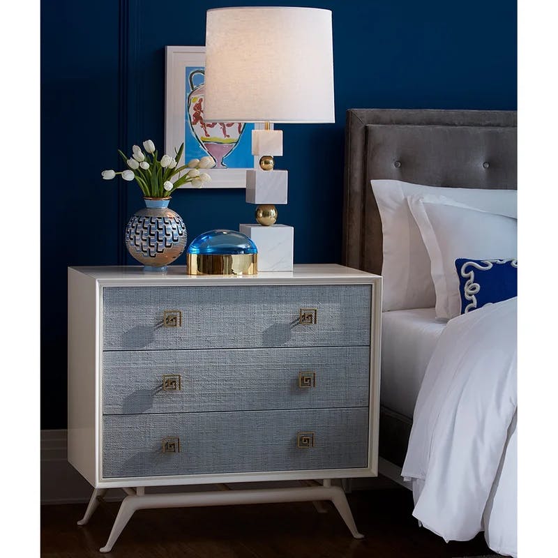 Siam Ivory Lacquer and Sky Blue Raffia Three Drawer Chest