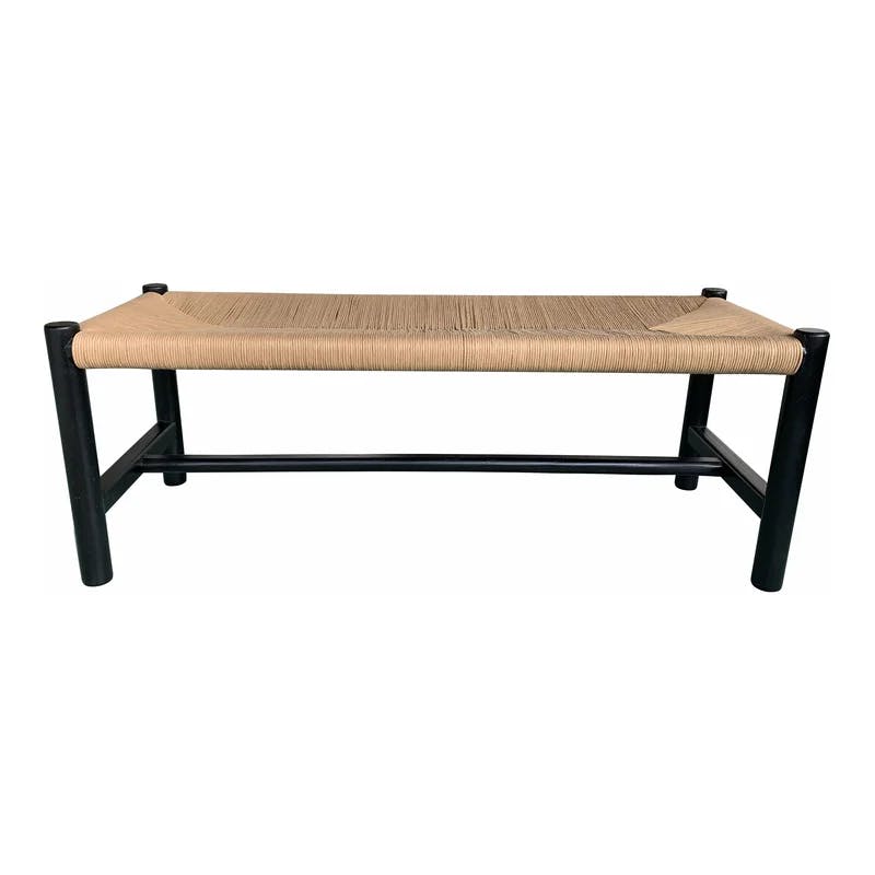 Hawthorn Black Elm Wood Bench with Woven Natural-Fiber Seat