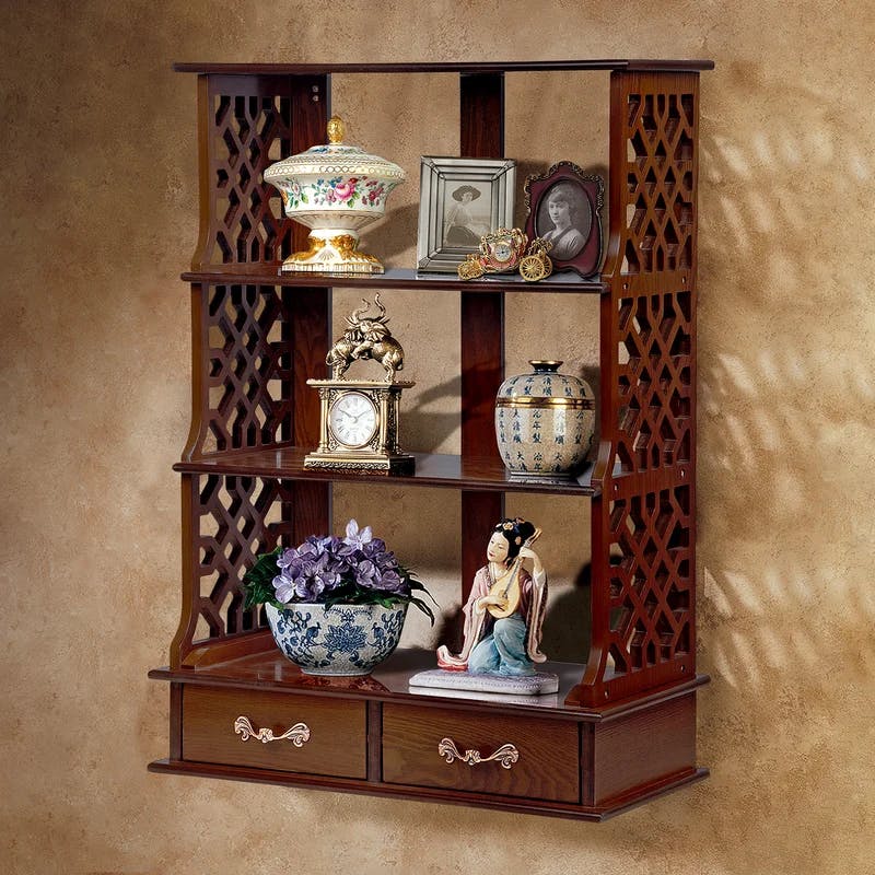 Chippendale-Inspired Hardwood Triple Shelf Curio Cabinet with Ornamental Pulls