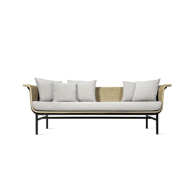 Contemporary Black Metal & Rattan 3-Seater Sofa with Light Gray Cushions