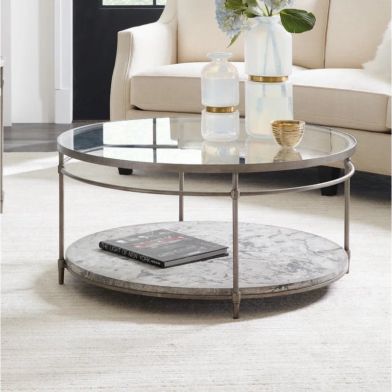 Champagne Metal Frame Round Coffee Table with Glass Top and Concrete Storage