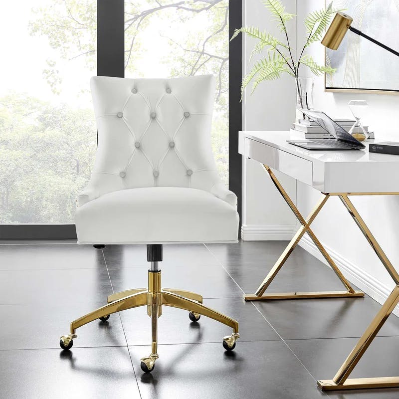 Elegant Gold and White Tufted Swivel Task Chair with Velvet Upholstery