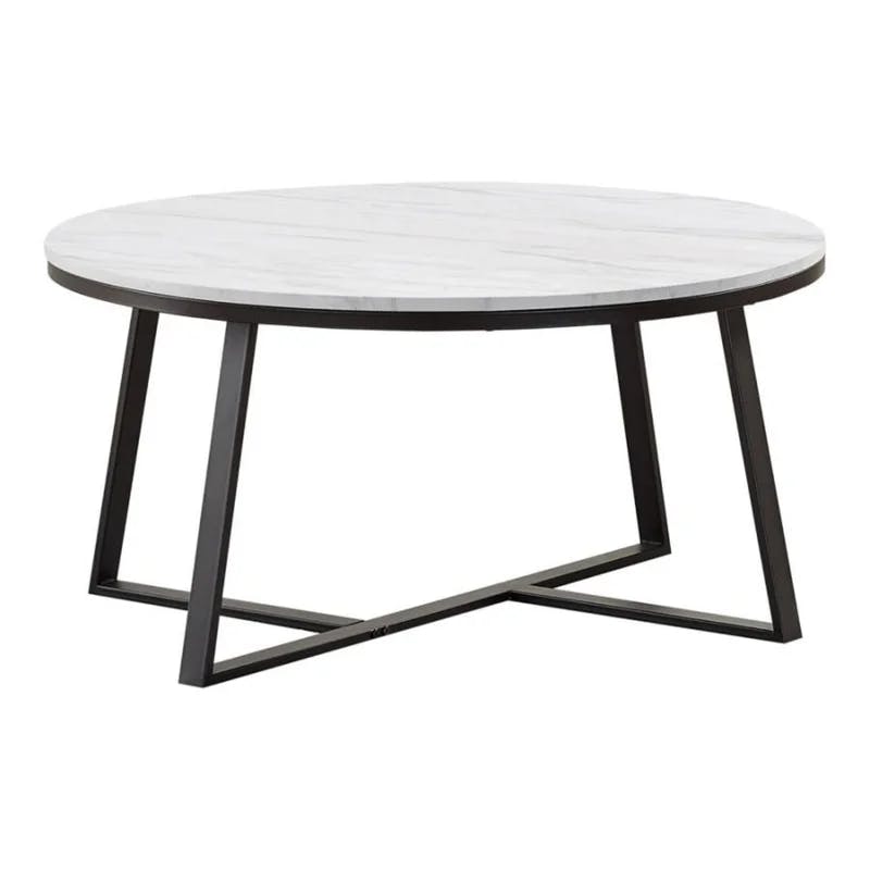 Contemporary 36" White Faux Marble & Matte Black Round Coffee Table