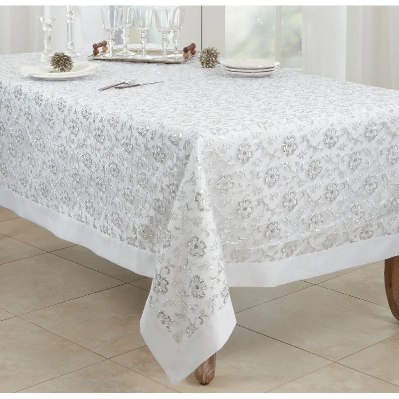 Elegant Floral Embroidered White Polyester 65"x90" Tablecloth