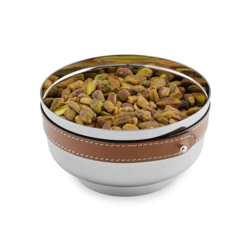 Tahoe 8'' Modern Stainless Steel & Leather Nut Bowl
