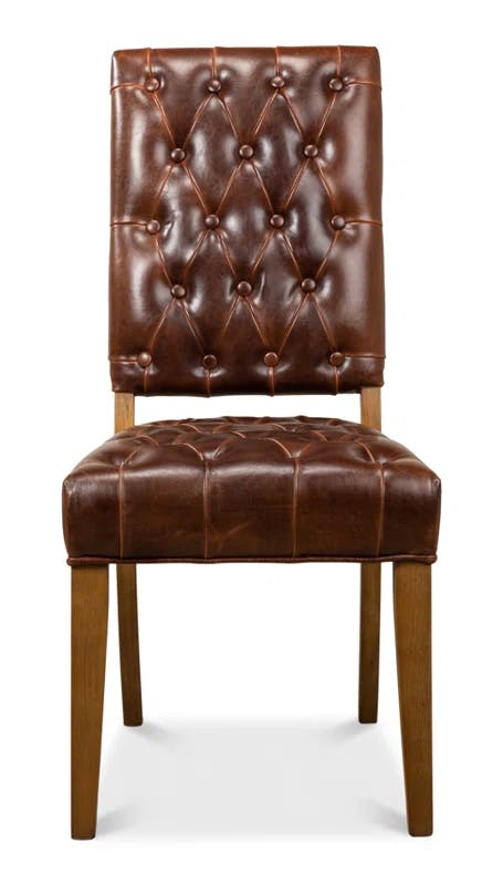 Brady Traditional Button-Tufted Leather Side Chair in Brown